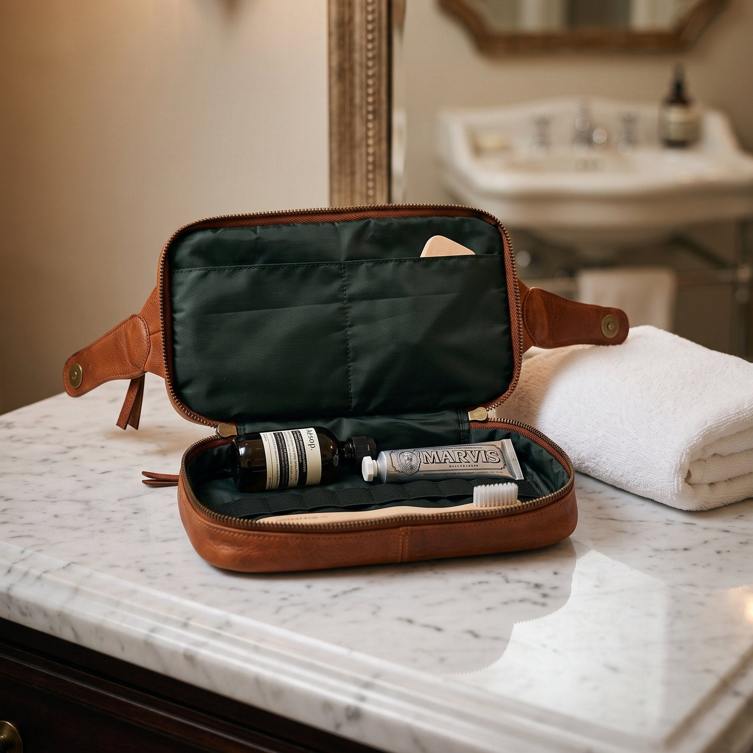 Walnut Leather Open Top Wash Bag