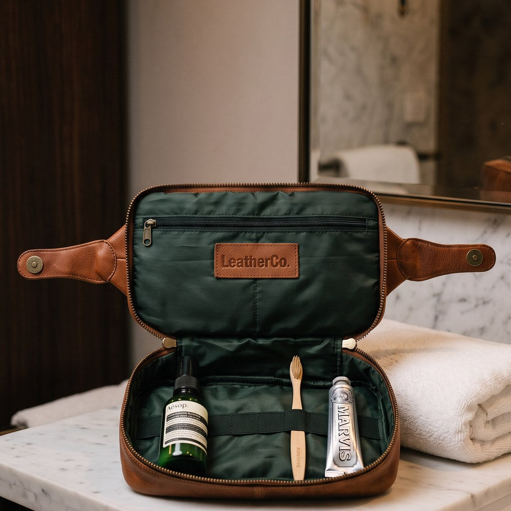 Walnut Leather Open Top Wash Bag