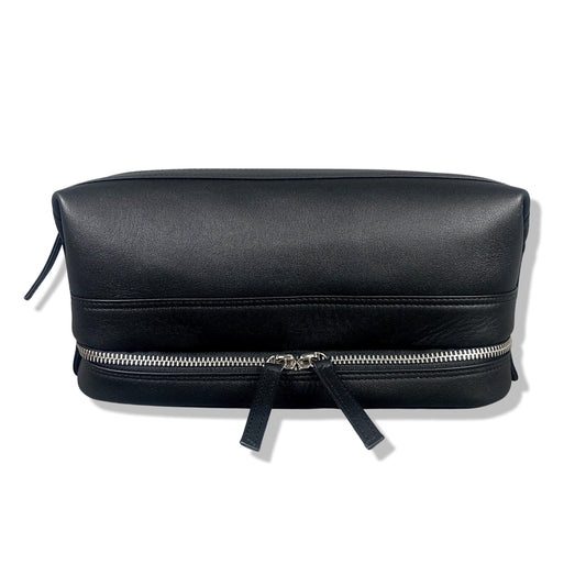 Black Leather Open Top Wash Bag