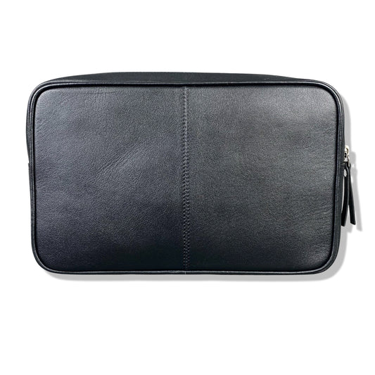Black Leather Top Zip Wash Bag