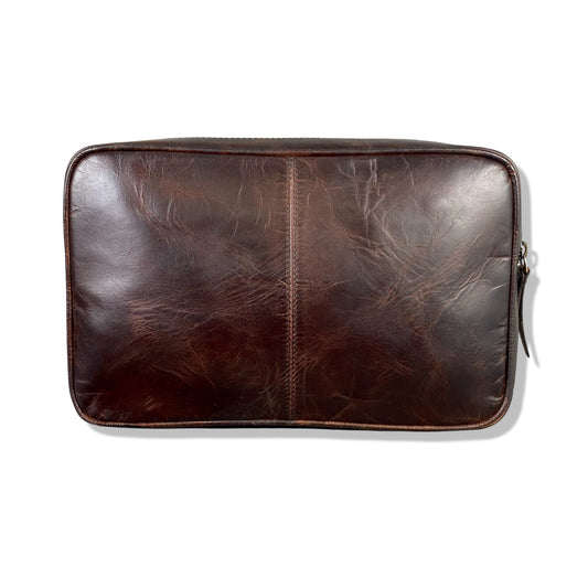 Cognac Leather Top Zip Wash Bag