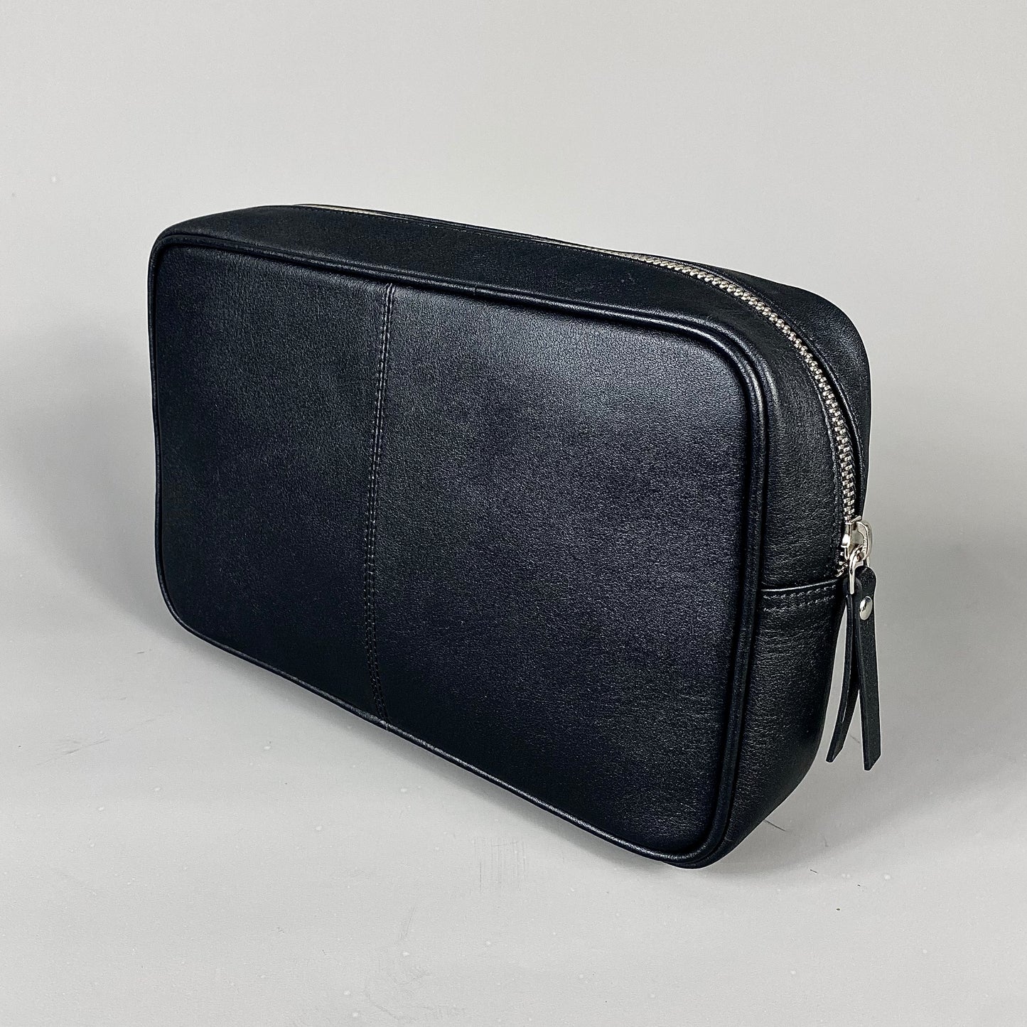 Black Leather Top Zip Wash Bag