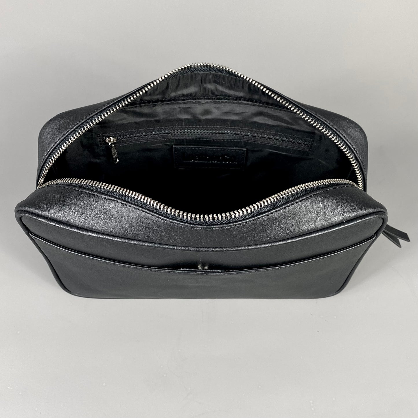 Black Leather Top Zip Wash Bag