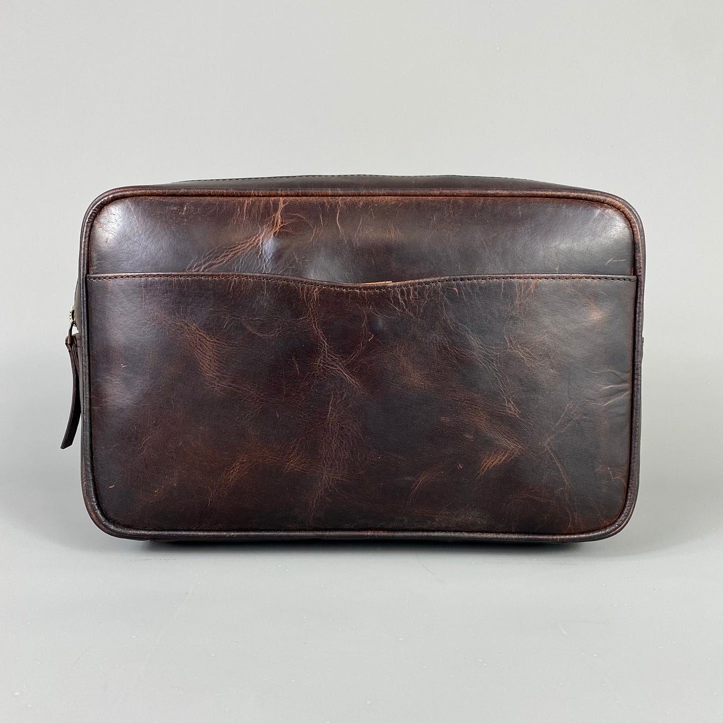 Cognac Leather Top Zip Wash Bag