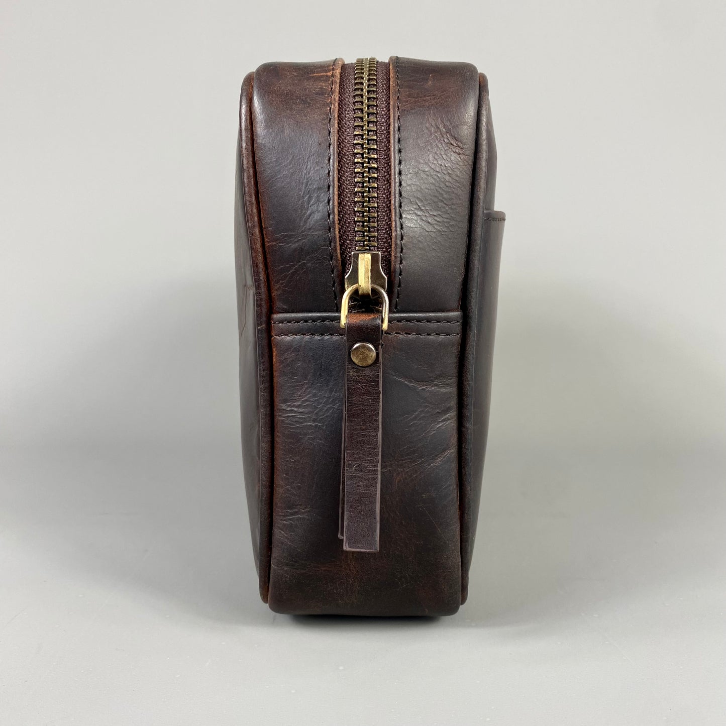 Cognac Leather Top Zip Wash Bag