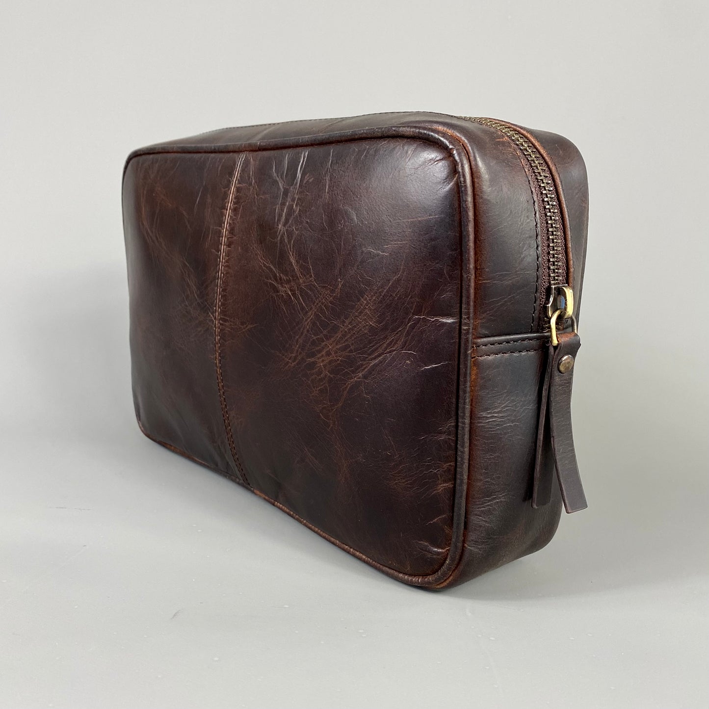 Cognac Leather Top Zip Wash Bag