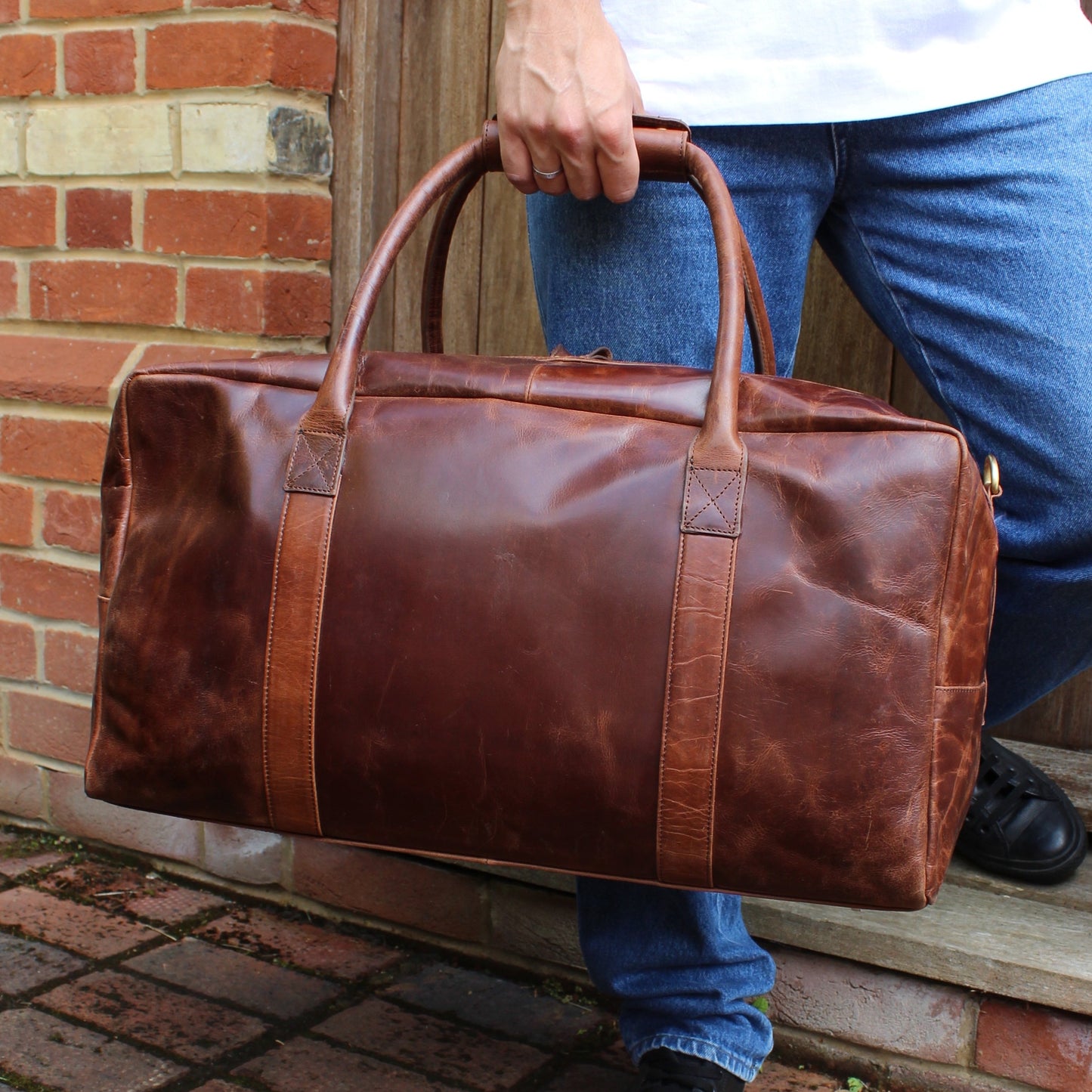 Large Cognac Leather Weekend Holdall