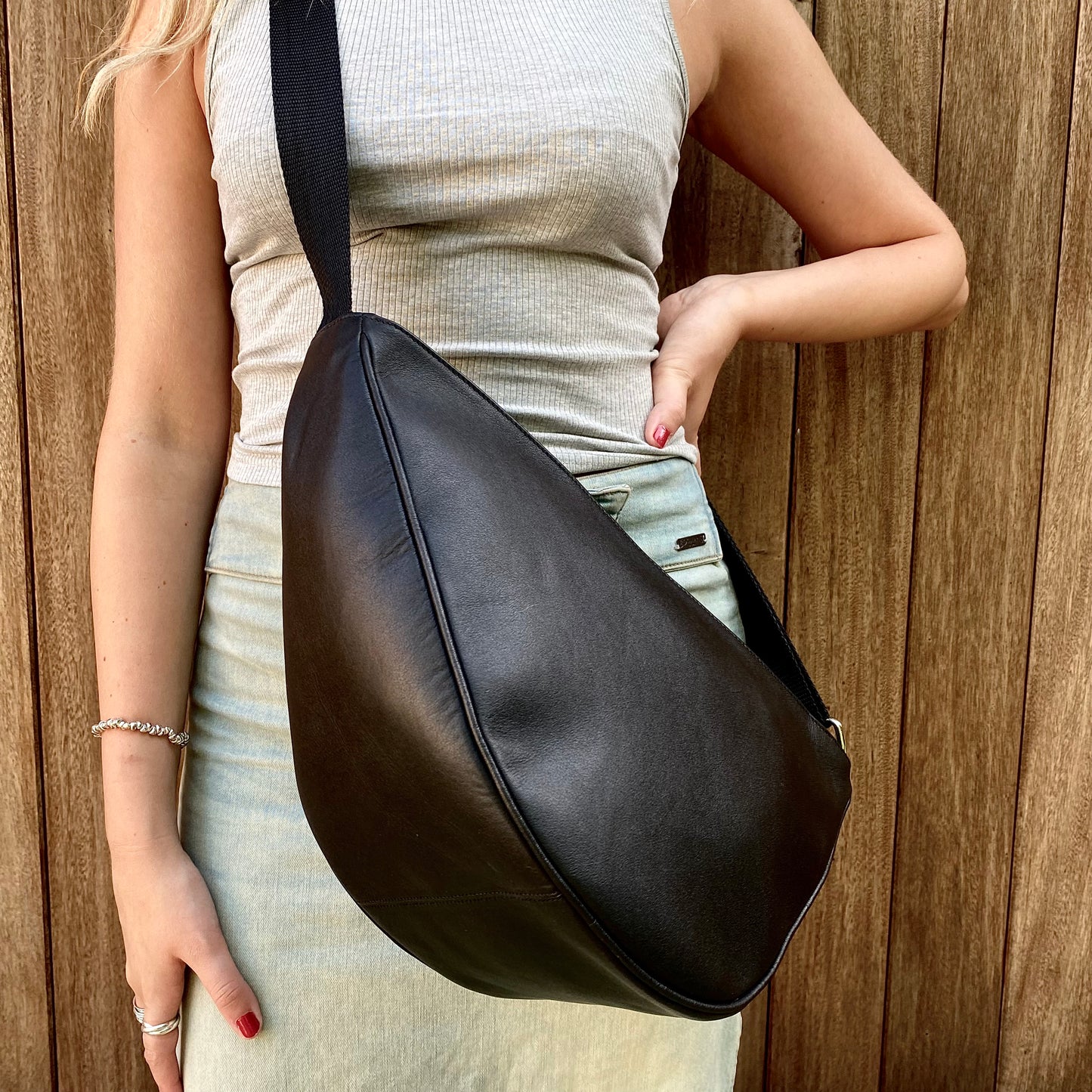 Black Leather Cross Body Sling Bag