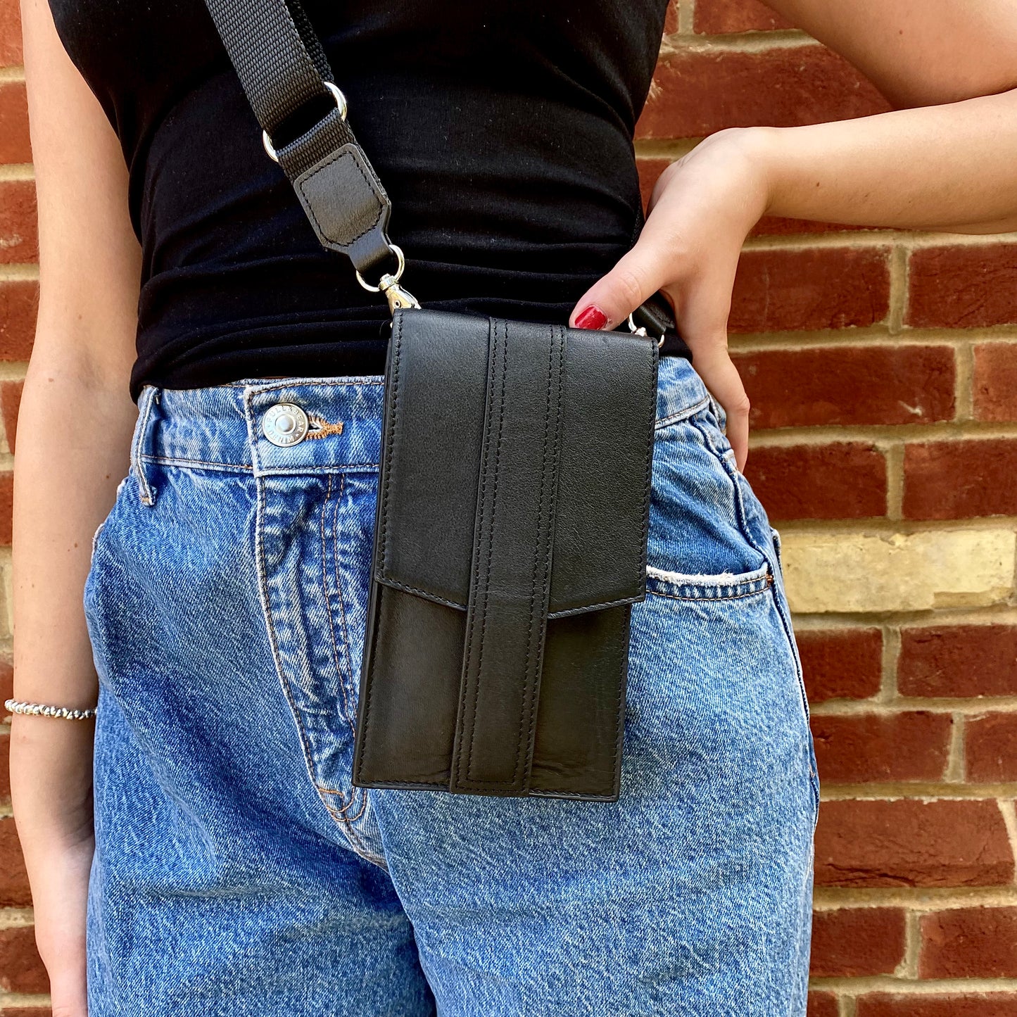 Black Leather Mini Cross Body Phone Bag