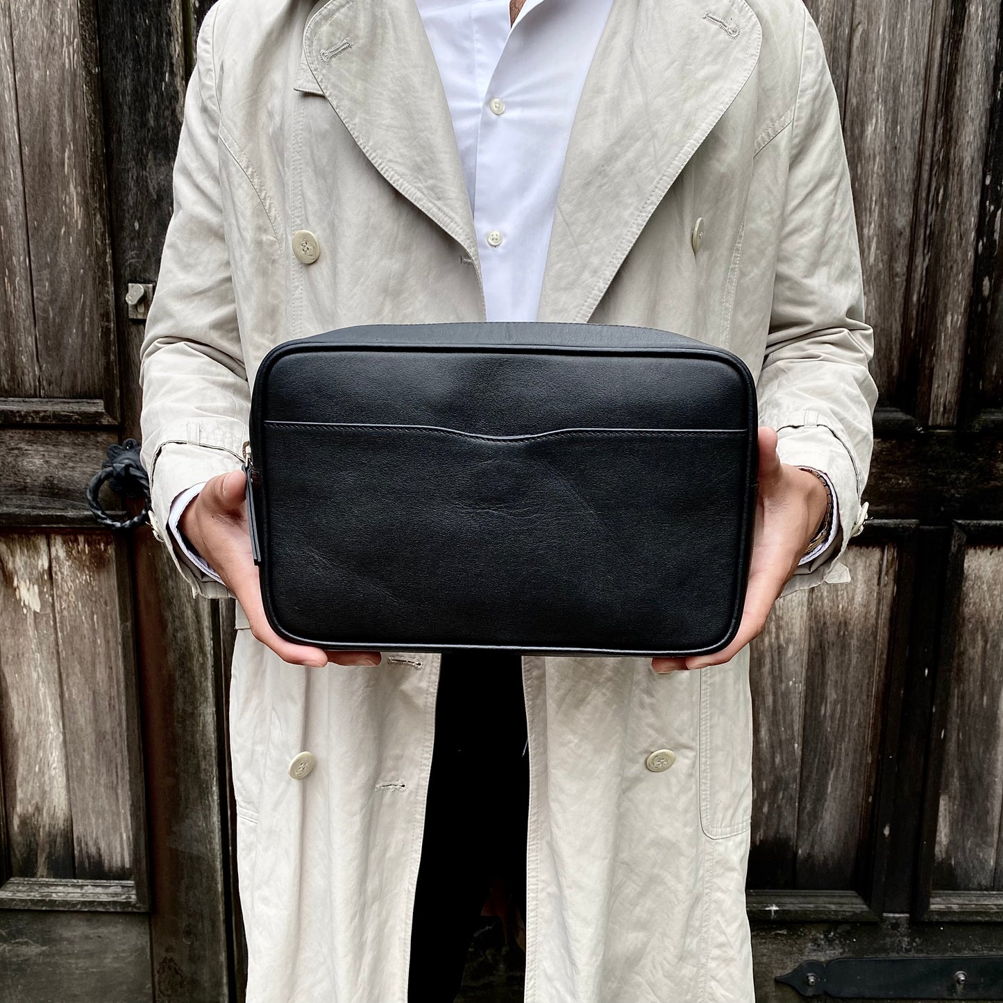 Black Leather Top Zip Wash Bag