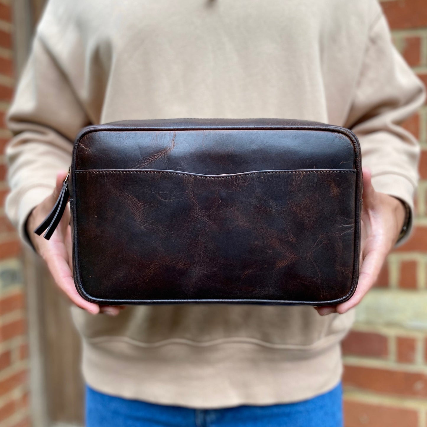 Cognac Leather Top Zip Wash Bag