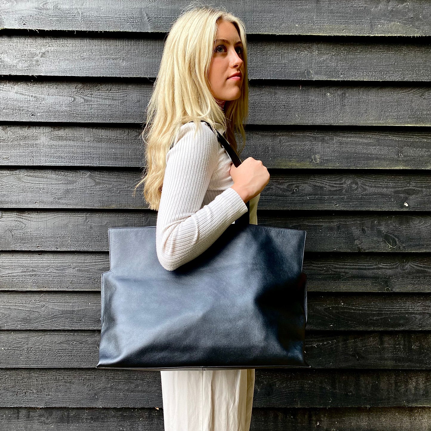 Extra Large Half-Meter Black Leather Carry-All Tote Bag