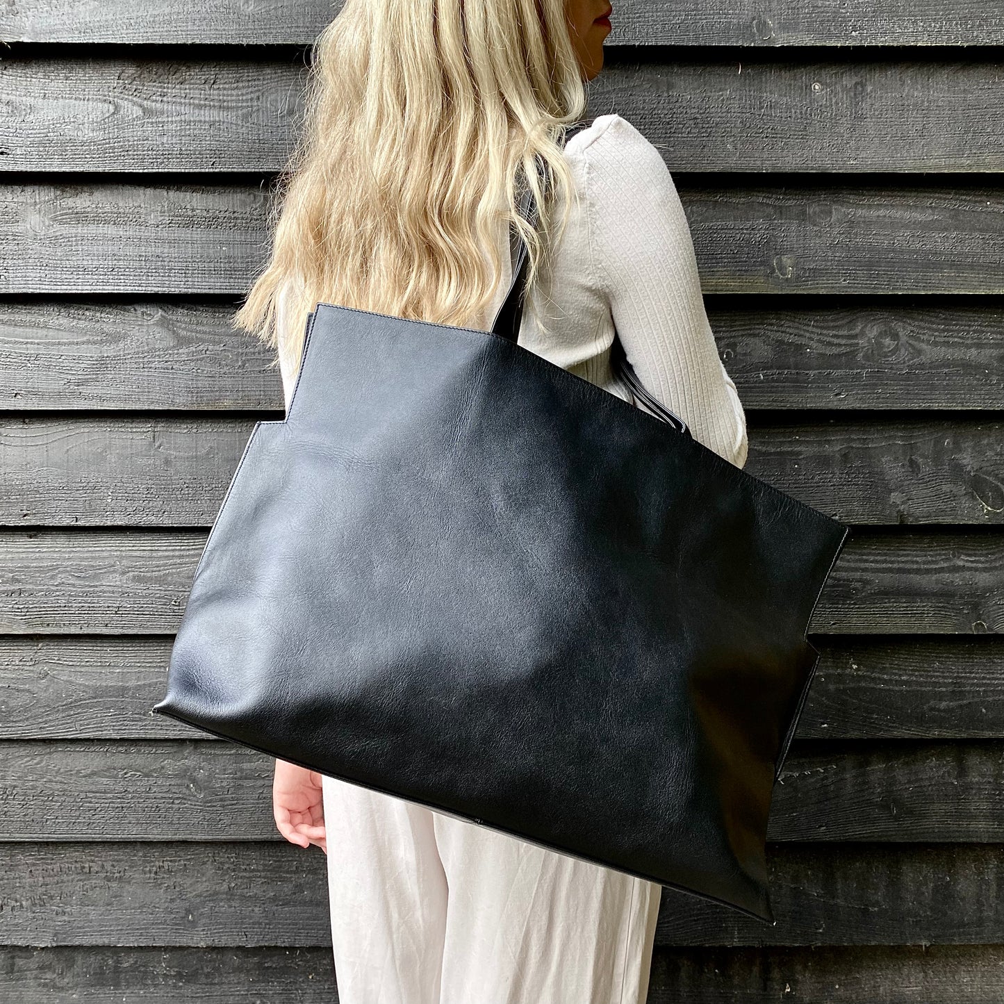 Extra Large Half-Meter Black Leather Carry-All Tote Bag