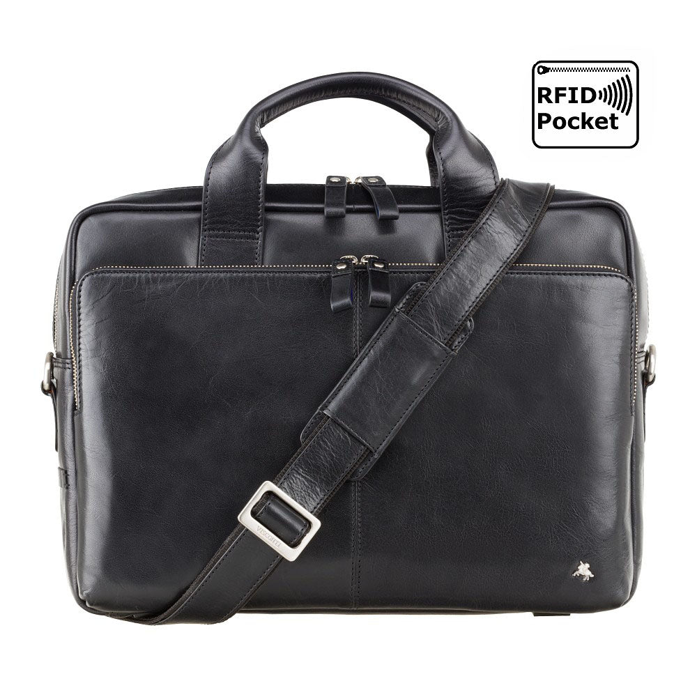 Hugo 13" Leather Zip-Top Laptop Bag – Black