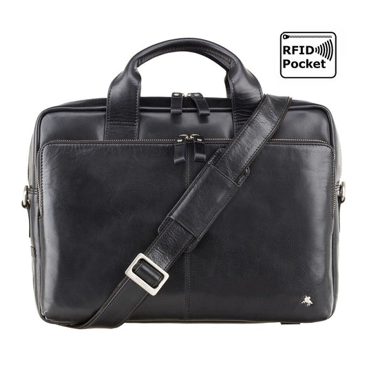 Hugo 13" Leather Zip-Top Laptop Bag – Black