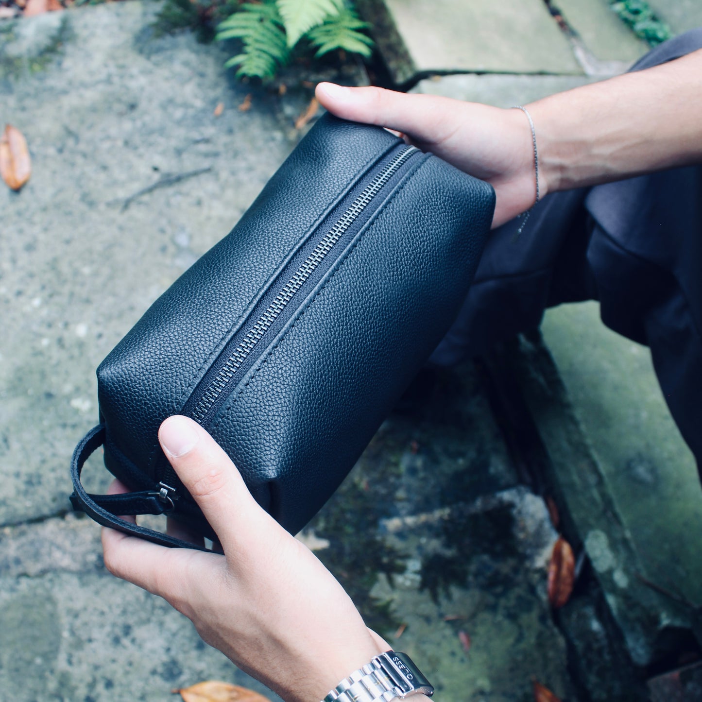 LeatherCo Black Leather Cosmetics Bag With Gunmetal Zip