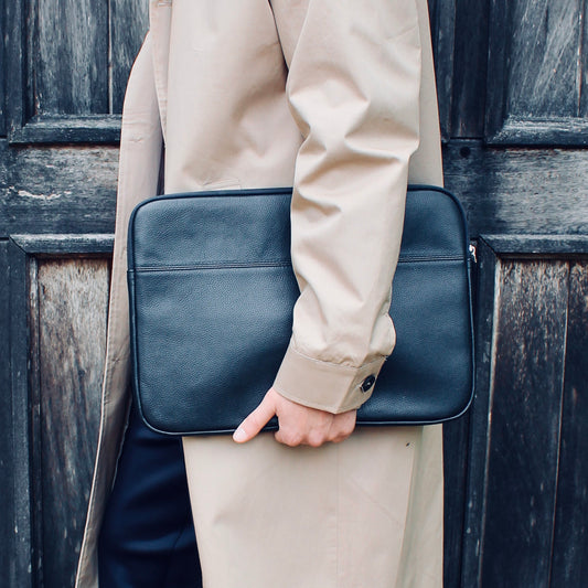 LeatherCo Black Leather Laptop Case With Gunmetal Zip