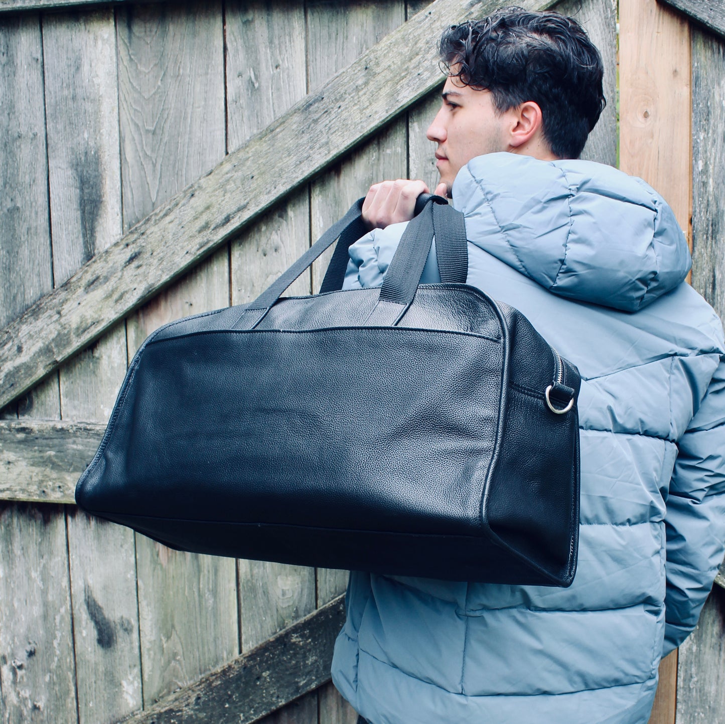 LeatherCo Black Leather Laptop Weekend Bag With Gunmetal Zip