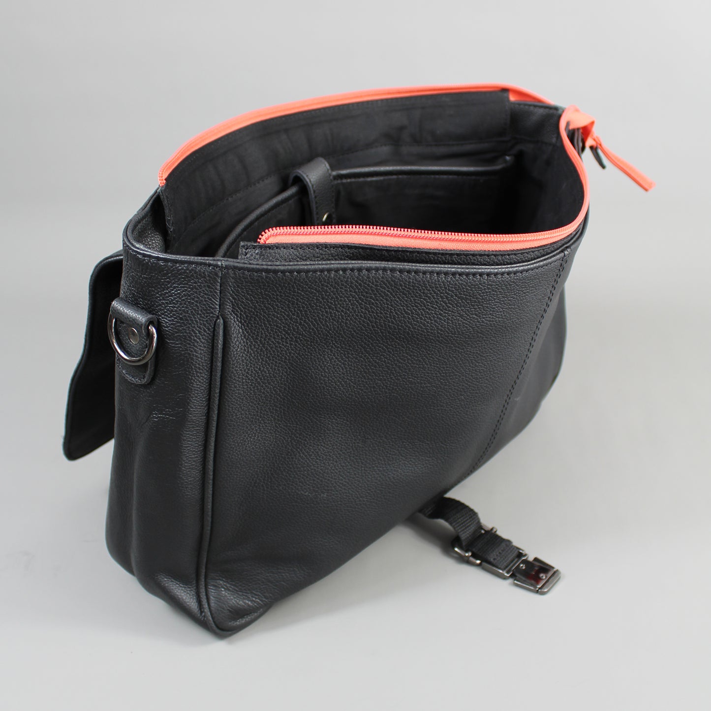 LeatherCo Black Leather Laptop Messenger Bag With Orange Zip