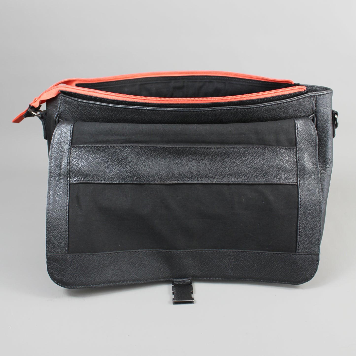 LeatherCo Black Leather Laptop Messenger Bag With Orange Zip