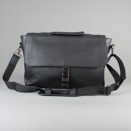 LeatherCo Black Leather Laptop Messenger Bag With Gunmetal Zip