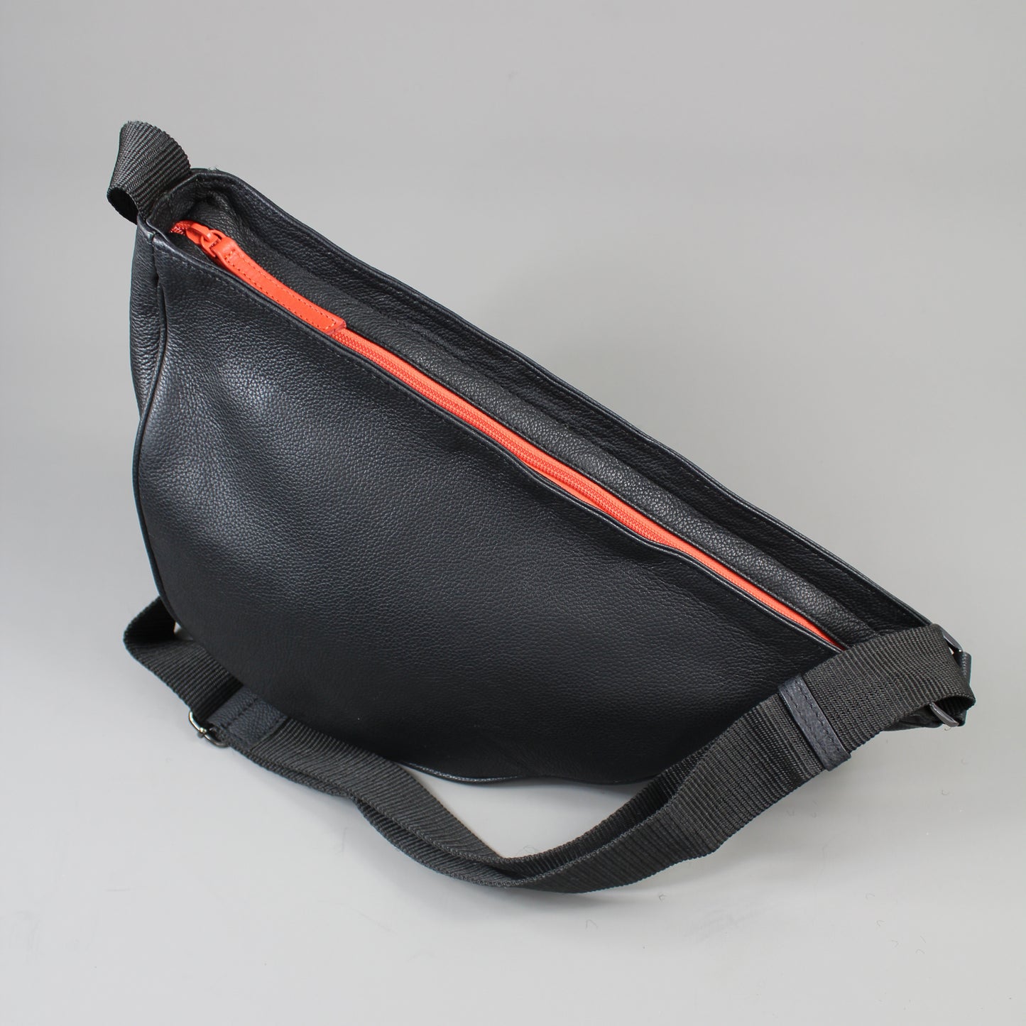 LeatherCo Black Leather Crossbody Sling Bag With Orange Zip