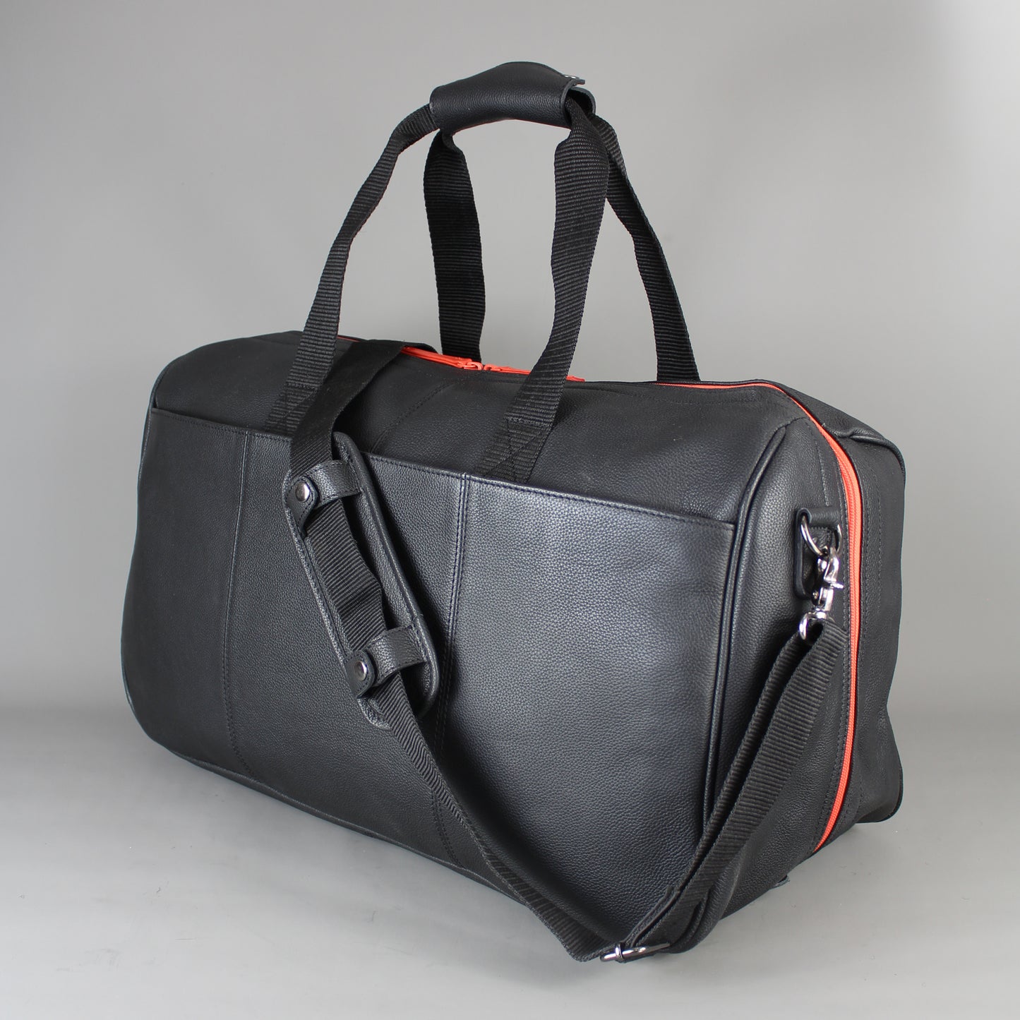 LeatherCo Black Leather Wide Opening Weekend Bag With Orange Zip