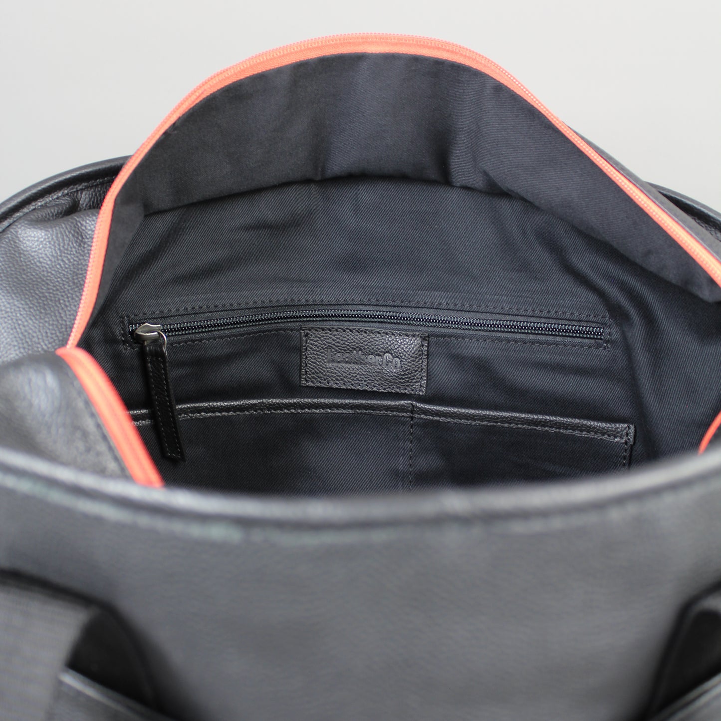 LeatherCo Black Leather Laptop Weekend Bag With Orange Zip