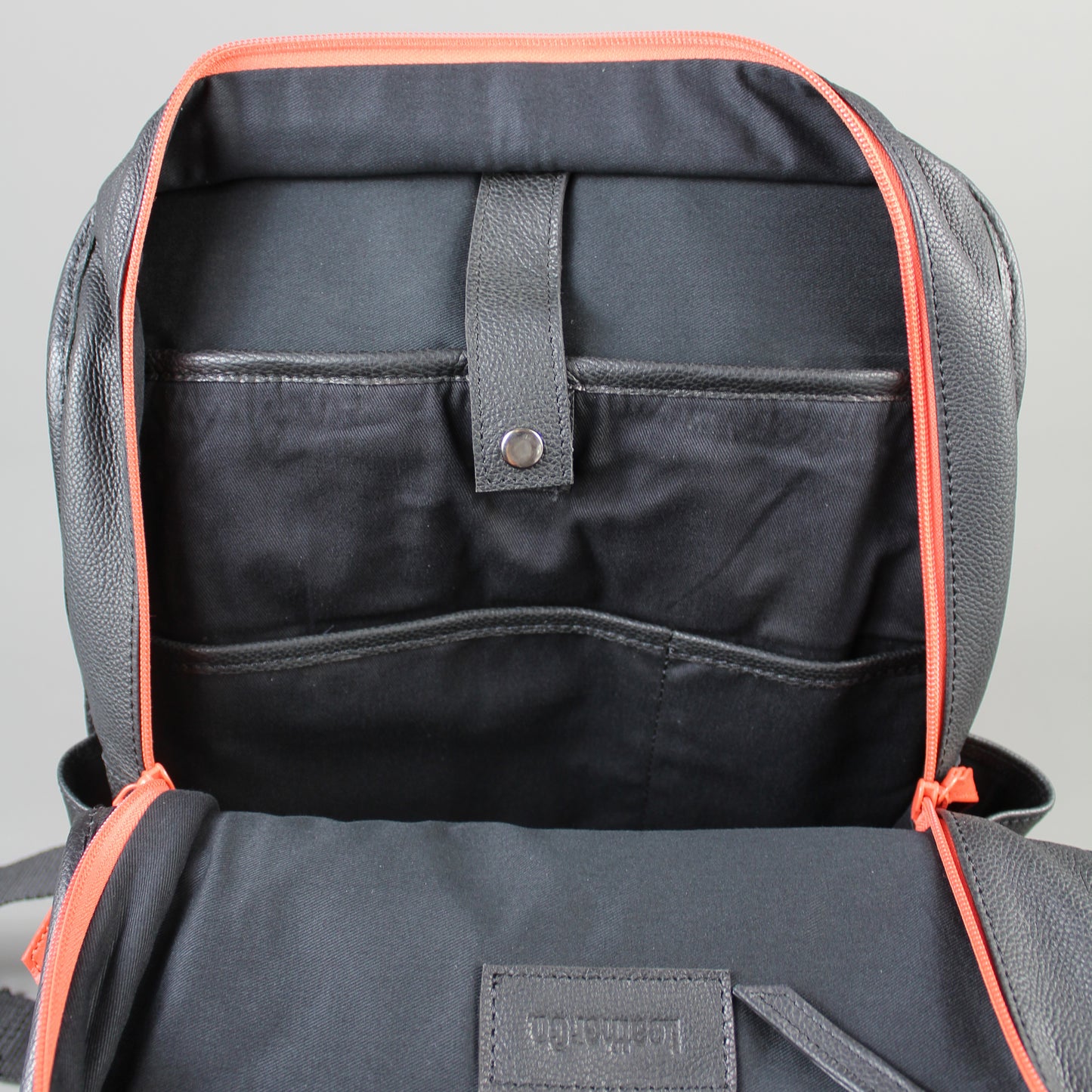 LeatherCo Black Leather Laptop Backpack Bag With Orange Zip