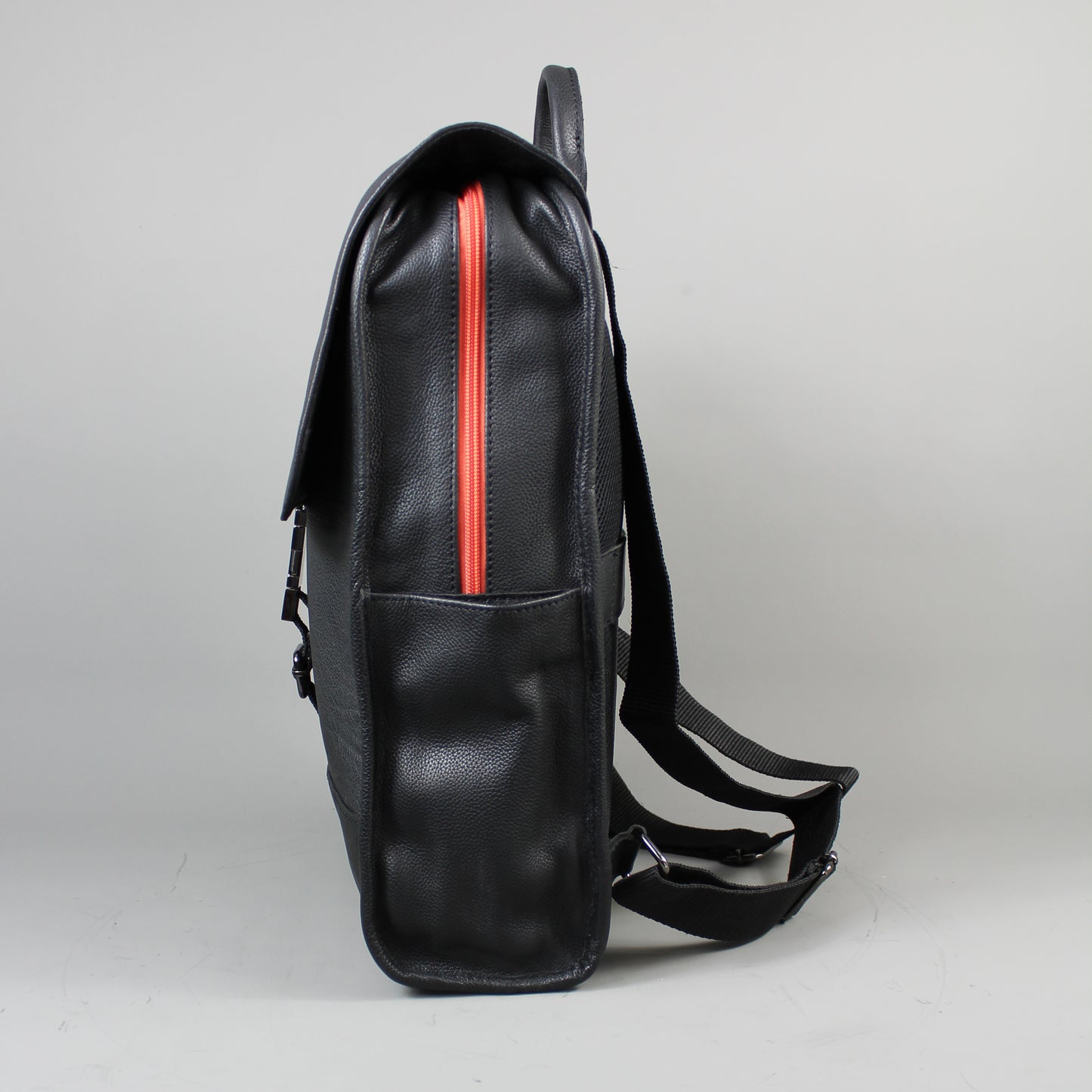 LeatherCo Black Leather Laptop Backpack Bag With Orange Zip