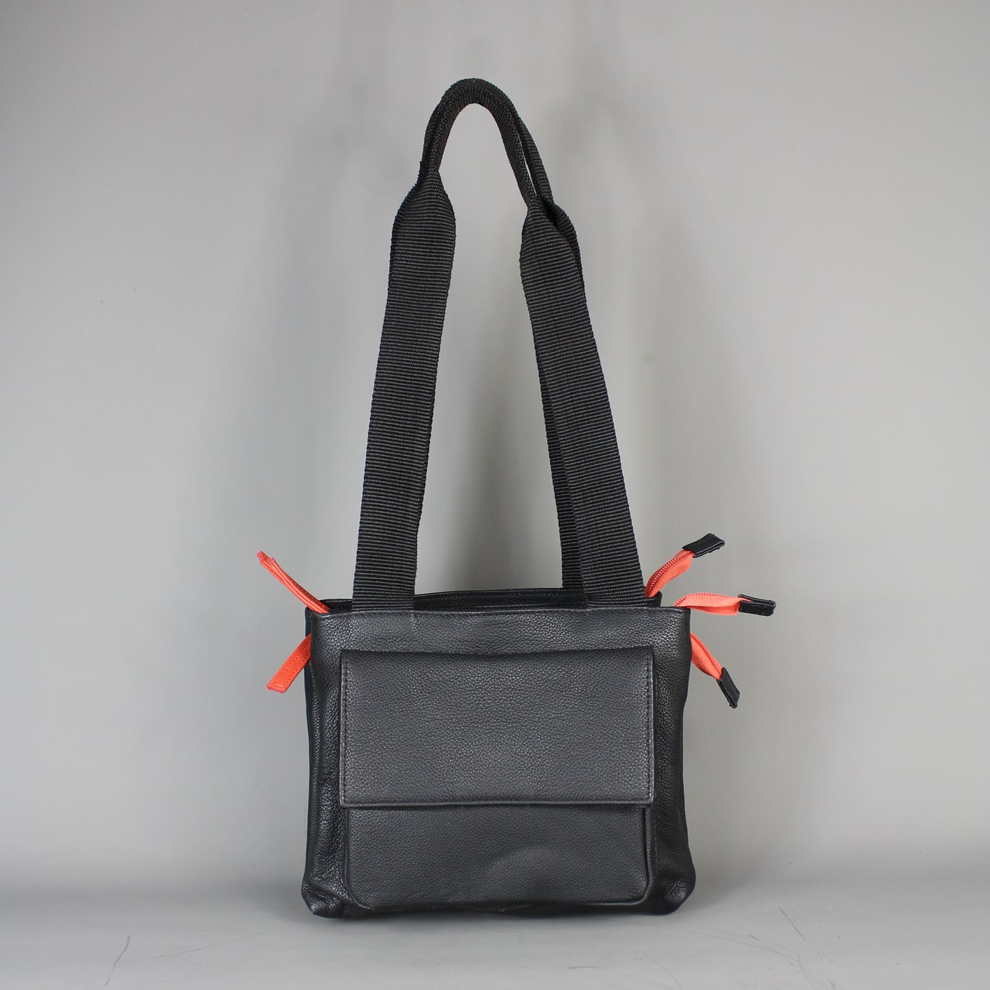 LeatherCo Black Leather Zip Tote Bag With Orange Zips