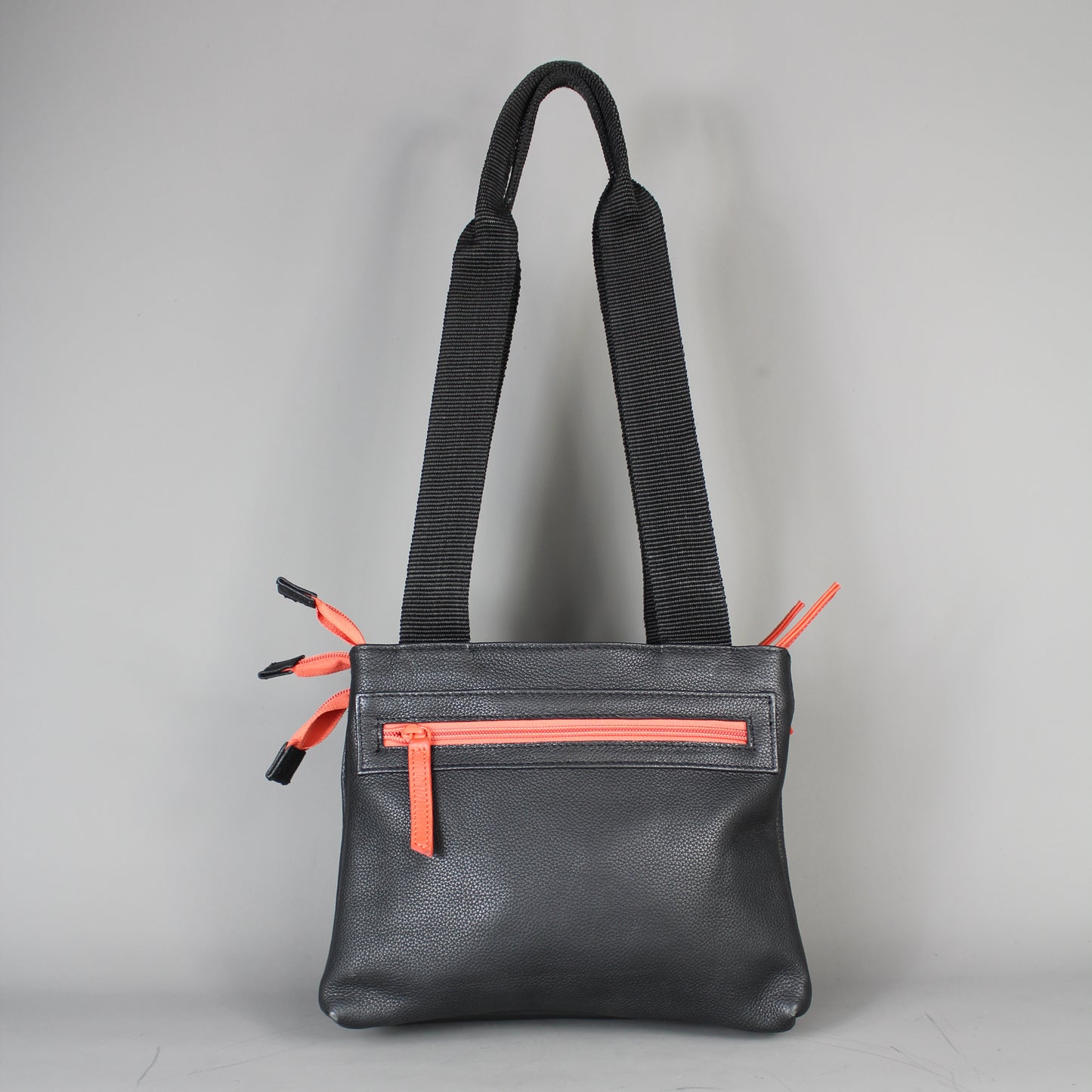 LeatherCo Black Leather Zip Tote Bag With Orange Zips