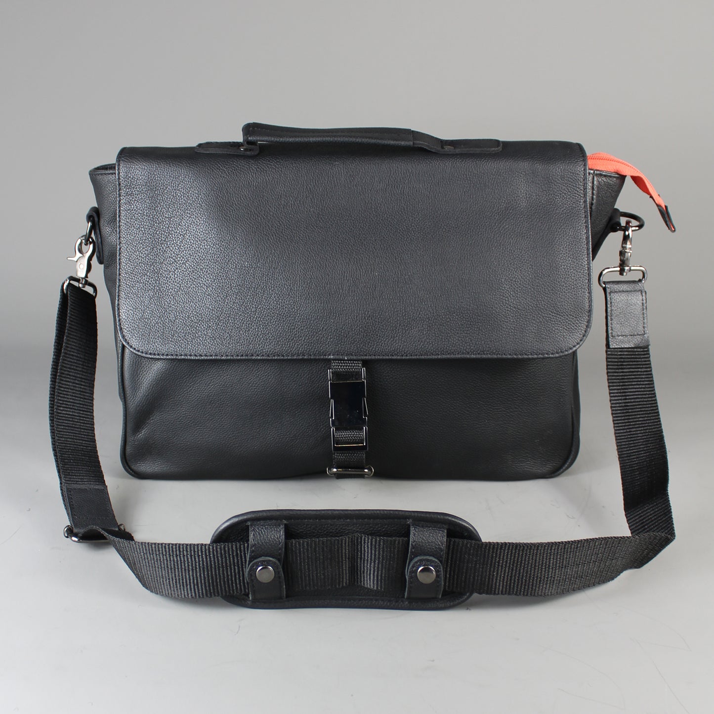 LeatherCo Black Leather Laptop Messenger Bag With Orange Zip