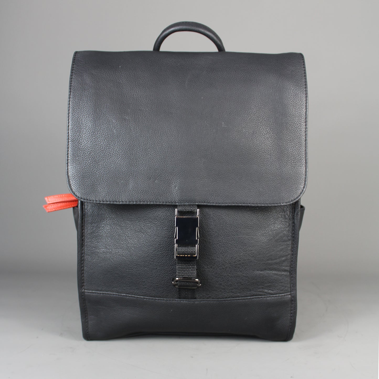 LeatherCo Black Leather Laptop Backpack Bag With Orange Zip