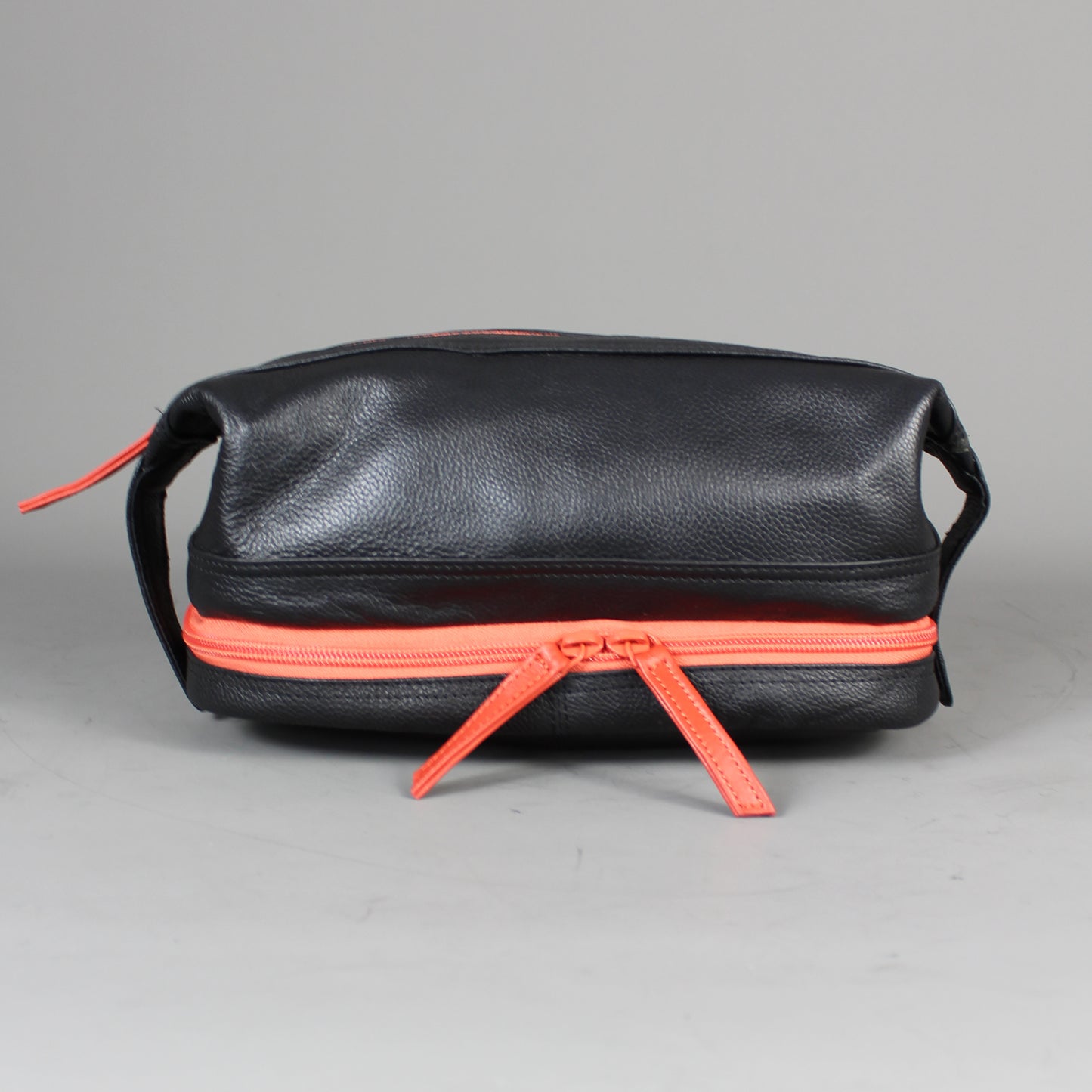 LetherCo Black Leather Open Top Wash Bag With Orange Zip