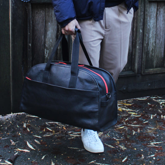 LeatherCo Black Leather Laptop Weekend Bag With Orange Zip