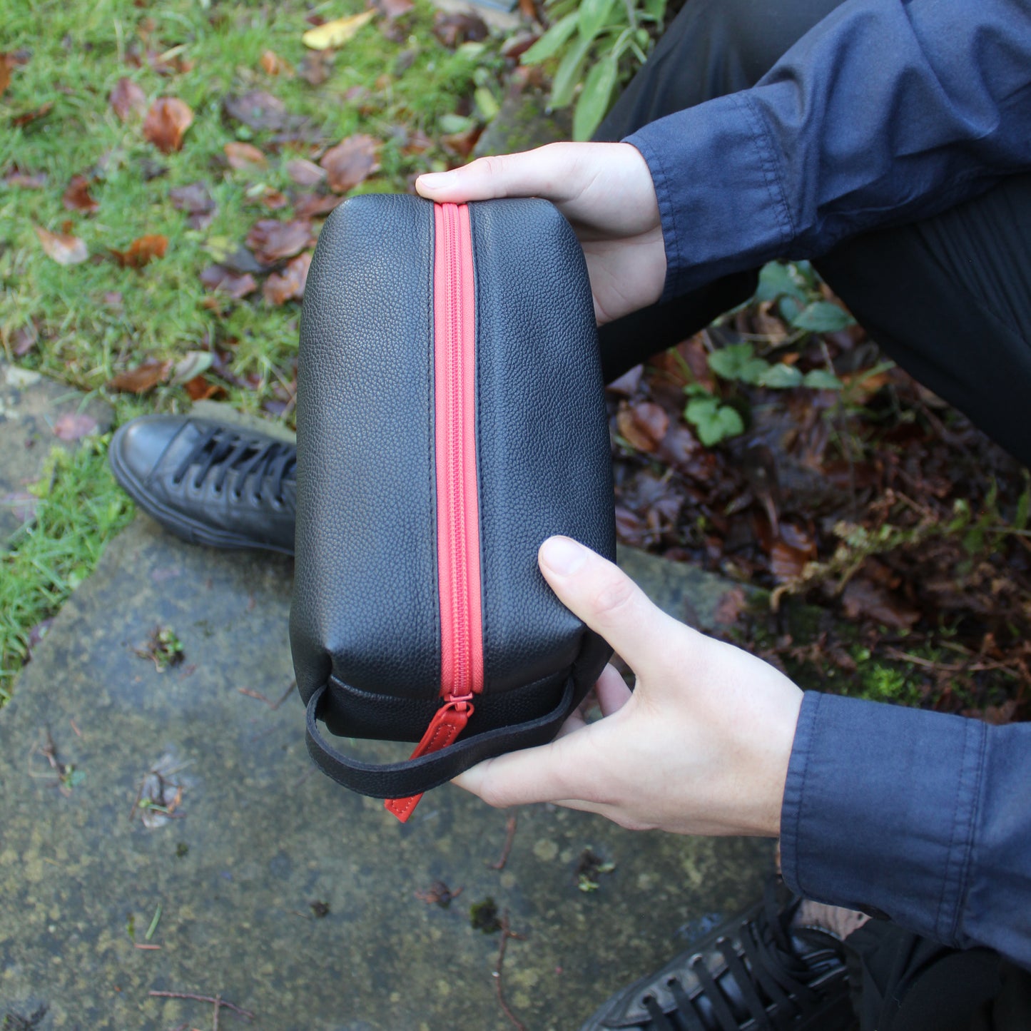 LeatherCo Black Leather Cosmetics Bag With Orange Zip