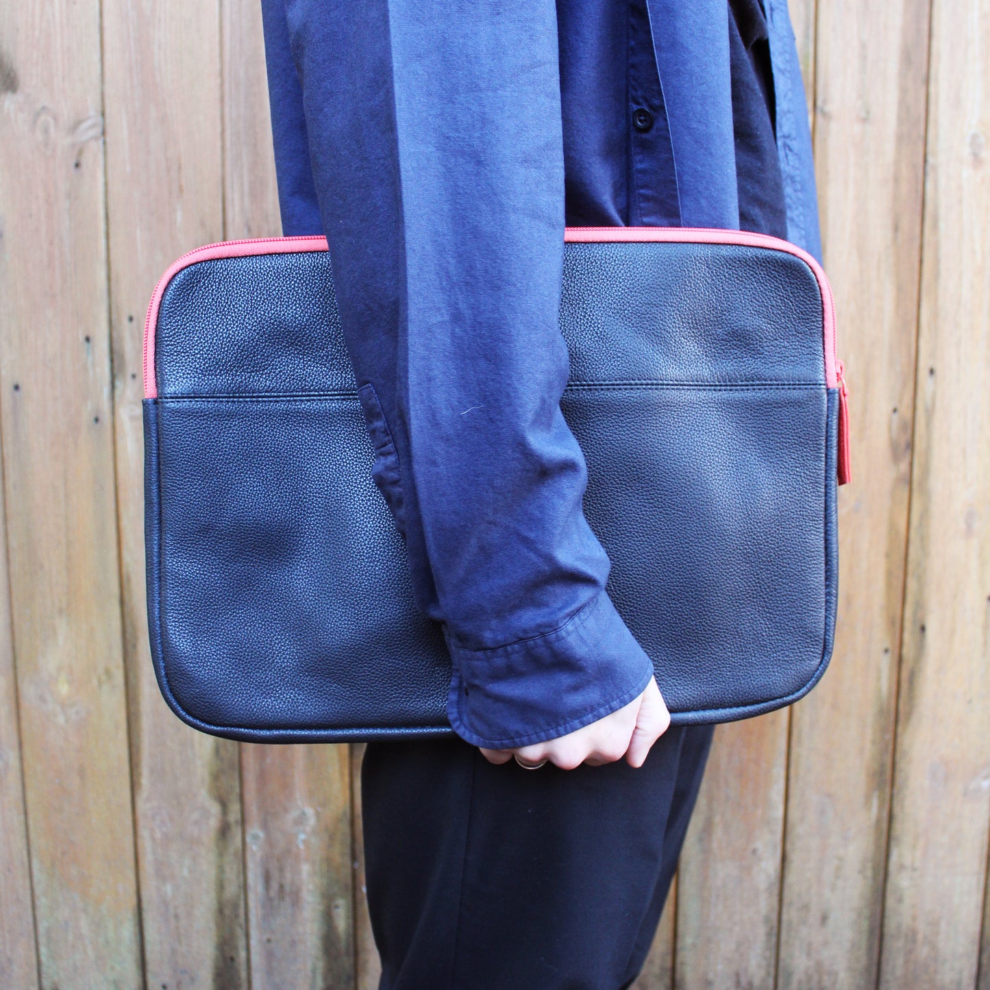 LeatherCo Black Leather Laptop Case With Orange Zip