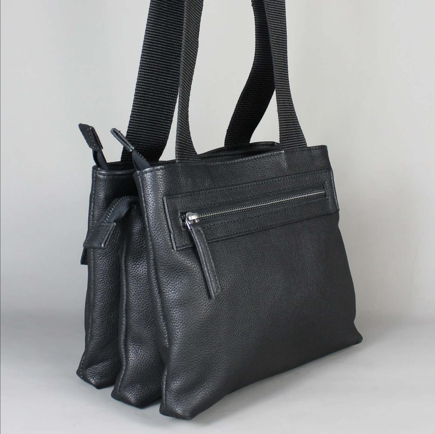 LeatherCo Black Leather Zip Tote Bag With Gunmetal Zips