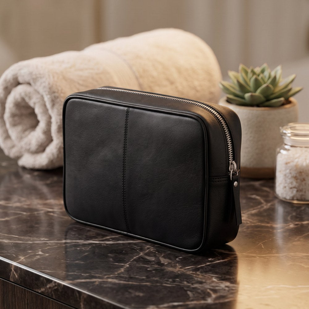 Black Leather Top Zip Wash Bag