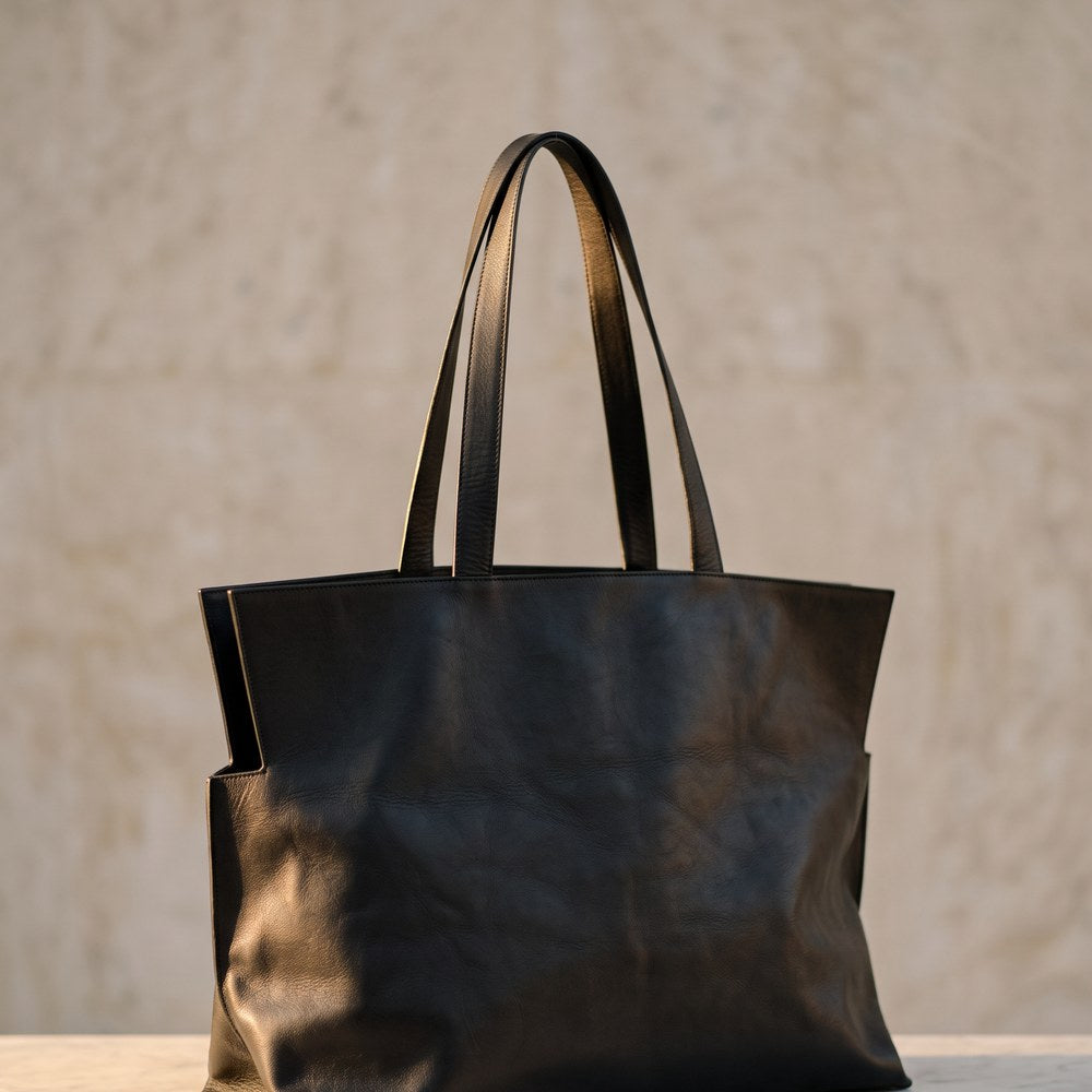 Oversized Maxi Leather Carry-All Tote Bag - Black