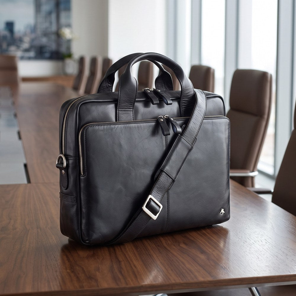 Hugo 13" Leather Zip-Top Laptop Bag – Black